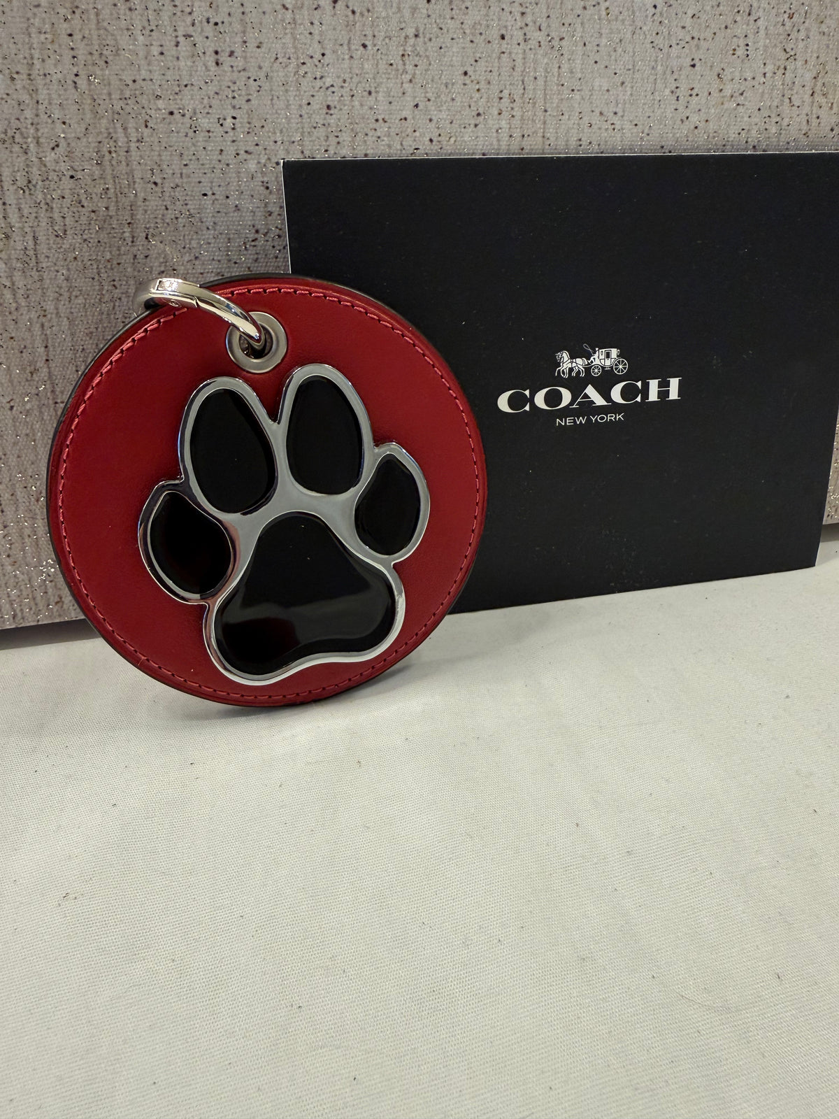 Repurposed Coach Red Leather Coaster with Dog Paw Emblem Bag Charm