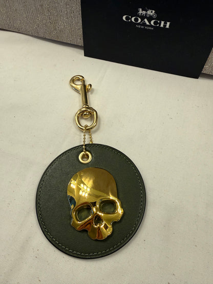 Repurposed Coach Coaster in Olive with Gold Metal Skull and Real Brass Dog Leash Clasp Bag Charm