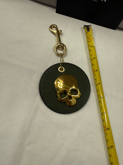 Repurposed Coach Coaster in Olive with Gold Metal Skull and Real Brass Dog Leash Clasp Bag Charm