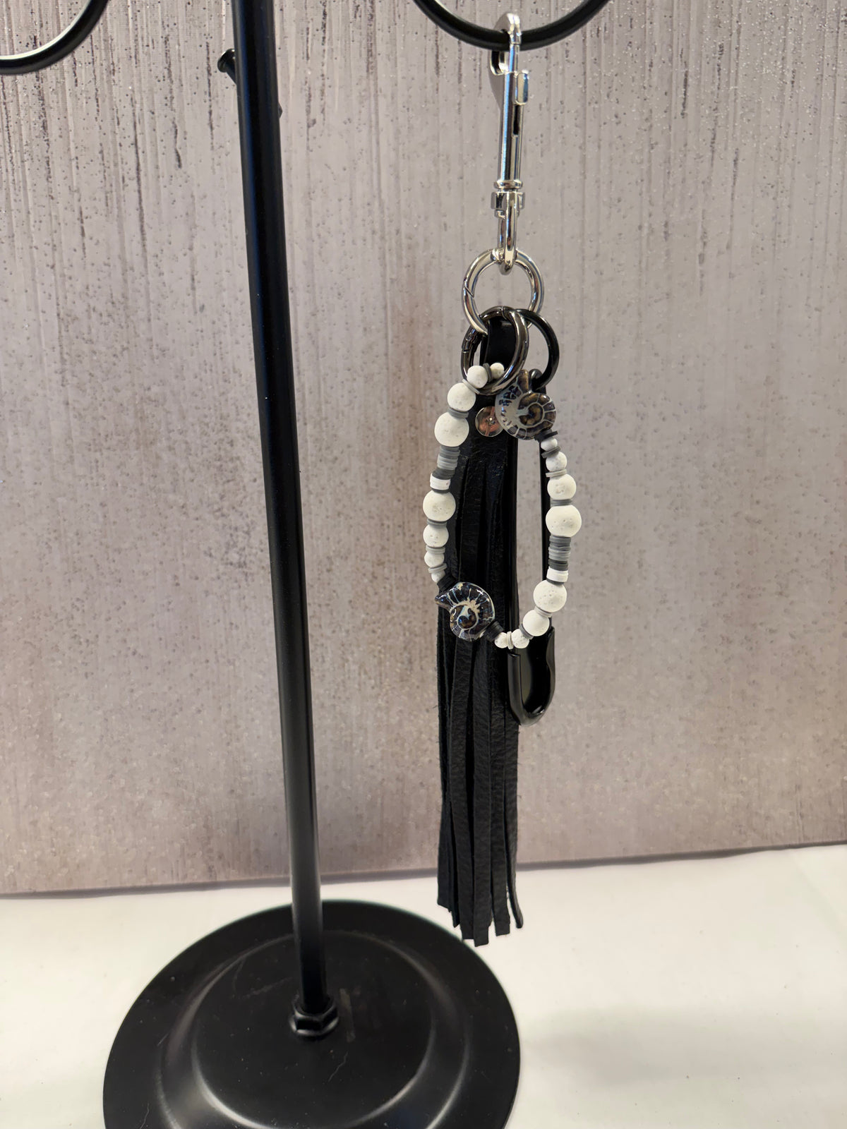 Bag Charm Cluster with Pebbled Leather Tassel, XL Safety Pin, and Beaded Bracelet
