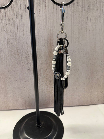 Bag Charm Cluster with Pebbled Leather Tassel, XL Safety Pin, and Beaded Bracelet