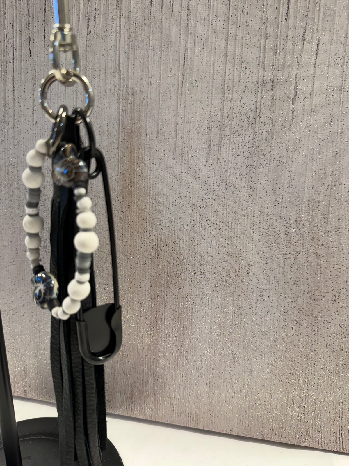 Bag Charm Cluster with Pebbled Leather Tassel, XL Safety Pin, and Beaded Bracelet