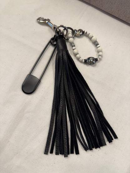 Bag Charm Cluster with Pebbled Leather Tassel, XL Safety Pin, and Beaded Bracelet