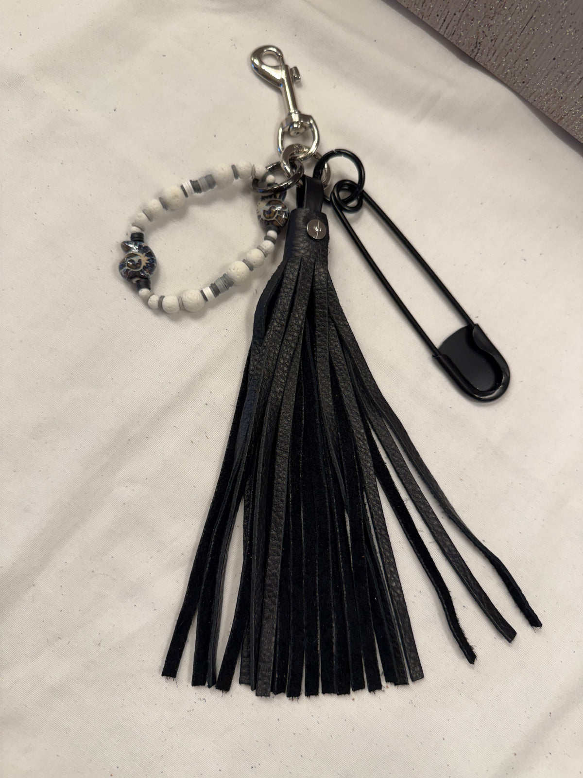 Bag Charm Cluster with Pebbled Leather Tassel, XL Safety Pin, and Beaded Bracelet