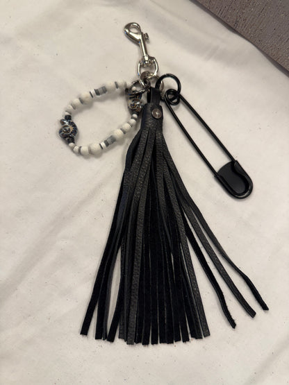 Bag Charm Cluster with Pebbled Leather Tassel, XL Safety Pin, and Beaded Bracelet