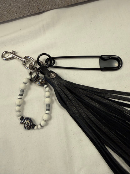 Bag Charm Cluster with Pebbled Leather Tassel, XL Safety Pin, and Beaded Bracelet