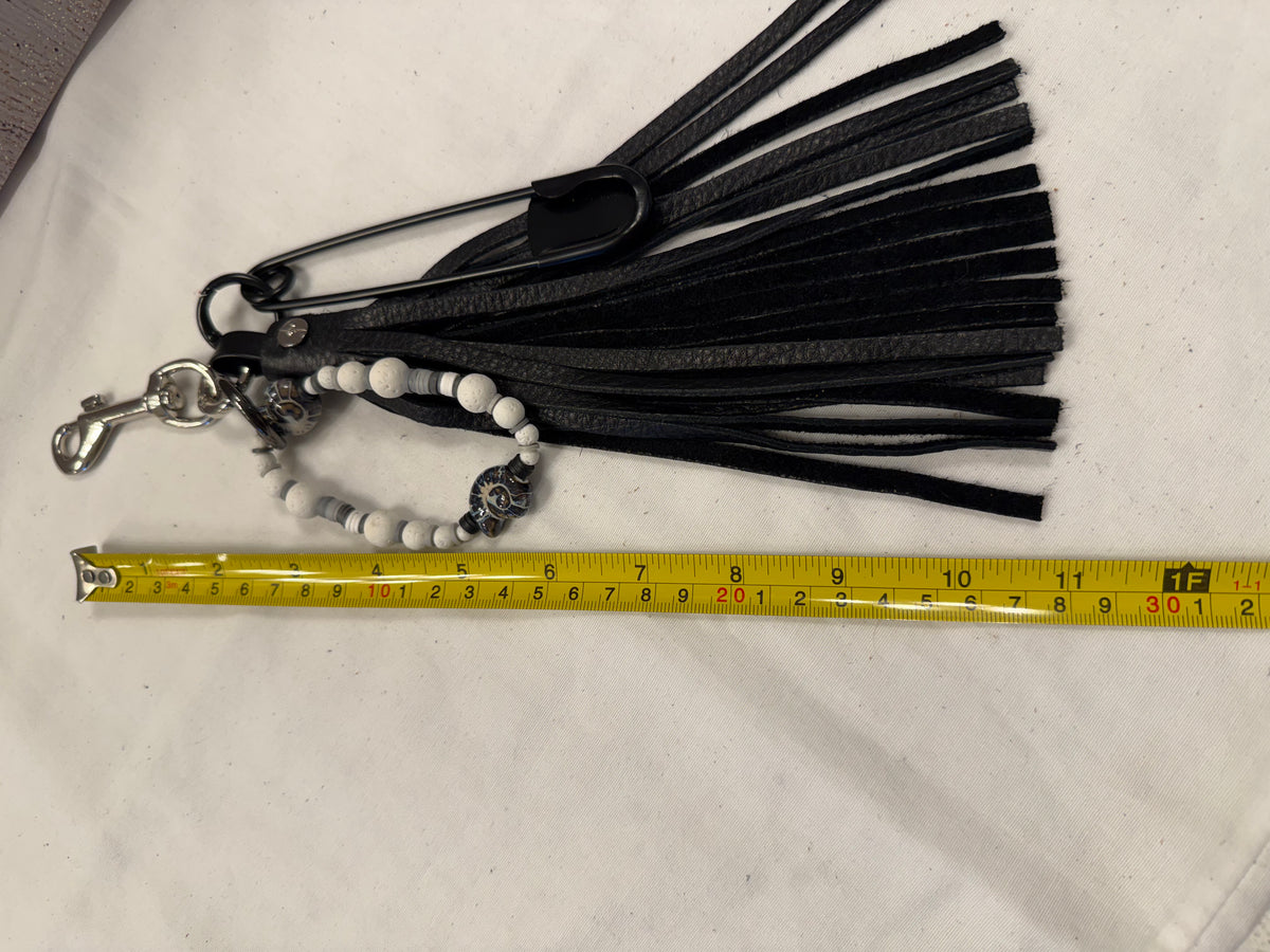 Bag Charm Cluster with Pebbled Leather Tassel, XL Safety Pin, and Beaded Bracelet
