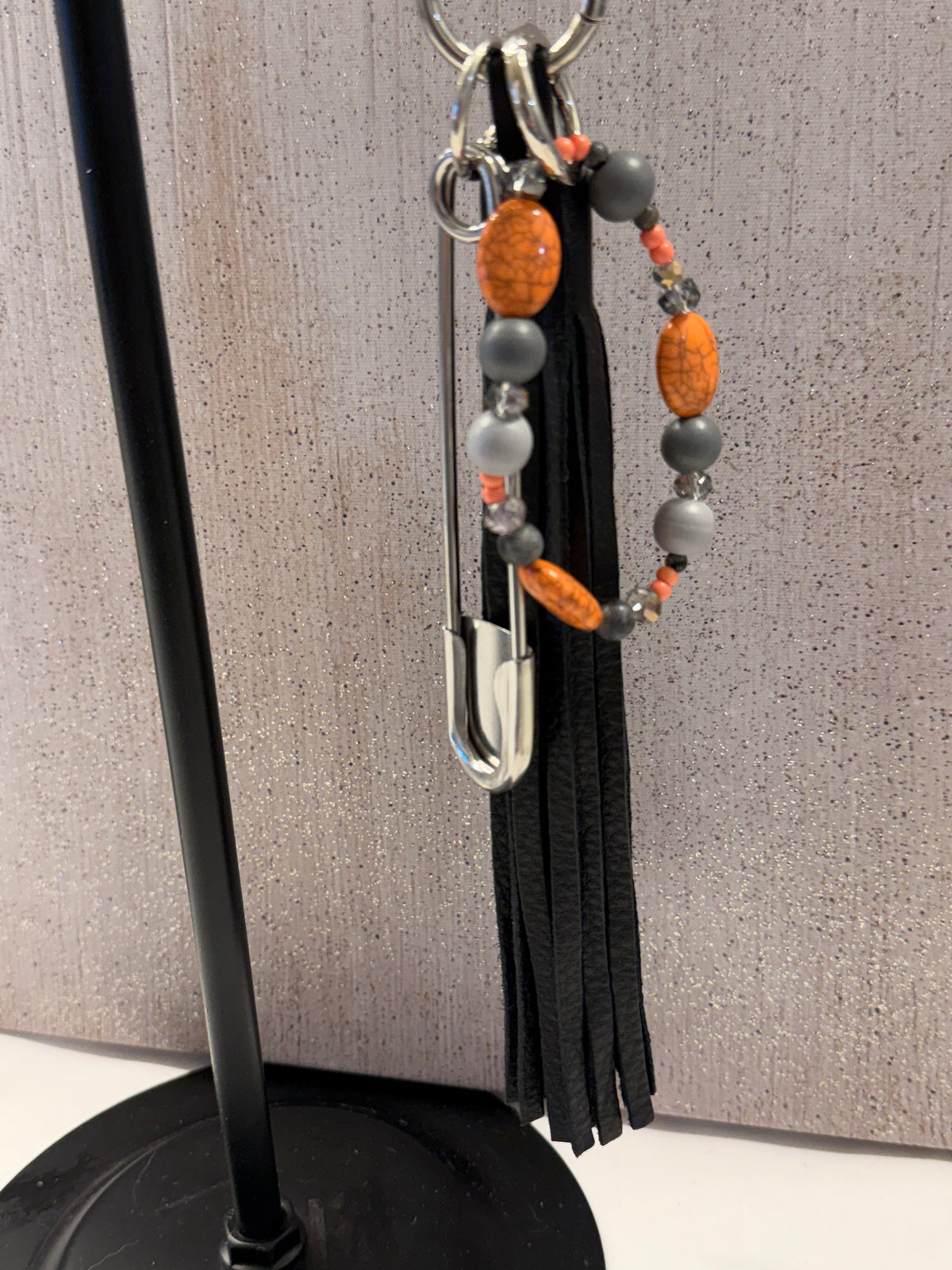 Bag Charm Cluster with Handmade Pebbled Leather Tassel, XL Safety Pin, and Beaded Bracelet