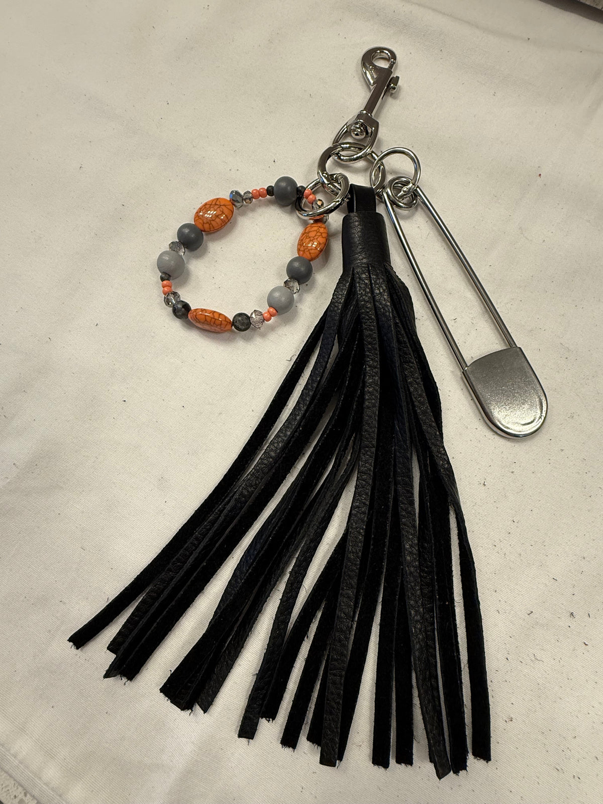 Bag Charm Cluster with Handmade Pebbled Leather Tassel, XL Safety Pin, and Beaded Bracelet