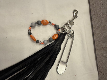 Bag Charm Cluster with Handmade Pebbled Leather Tassel, XL Safety Pin, and Beaded Bracelet