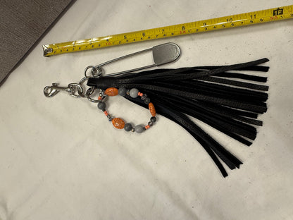Bag Charm Cluster with Handmade Pebbled Leather Tassel, XL Safety Pin, and Beaded Bracelet