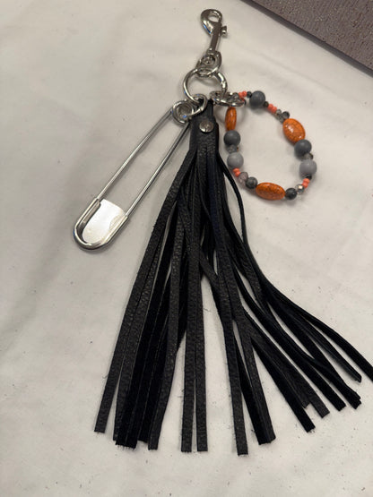 Bag Charm Cluster with Handmade Pebbled Leather Tassel, XL Safety Pin, and Beaded Bracelet