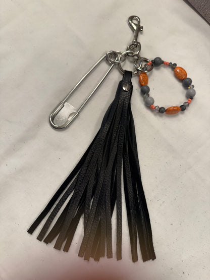 Bag Charm Cluster with Handmade Pebbled Leather Tassel, XL Safety Pin, and Beaded Bracelet