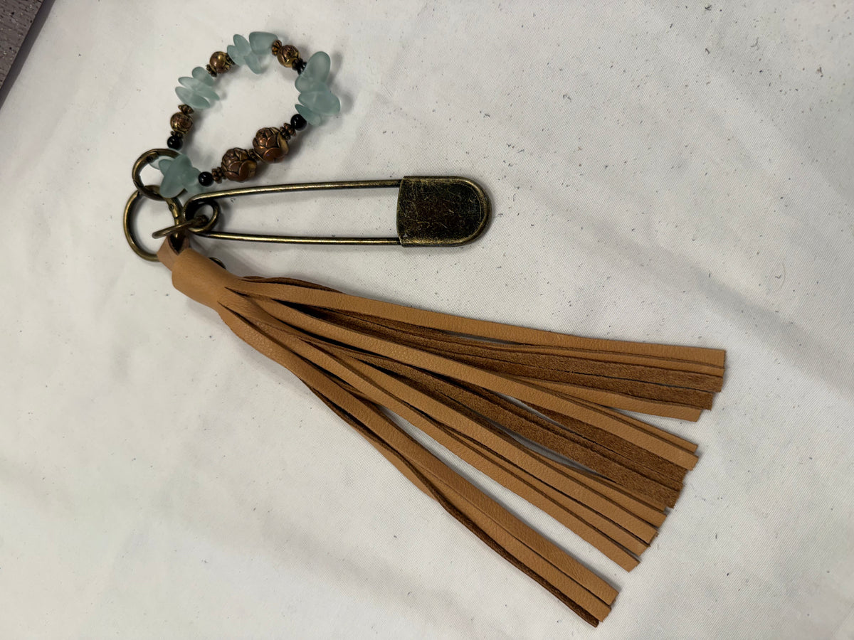 Bag Charm Cluster with Sandstone Pebbled Leather Tassel, XL Safety Pin, and Beaded Bracelet