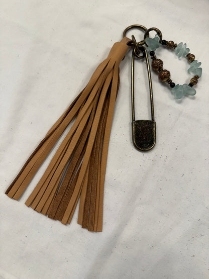 Bag Charm Cluster with Sandstone Pebbled Leather Tassel, XL Safety Pin, and Beaded Bracelet