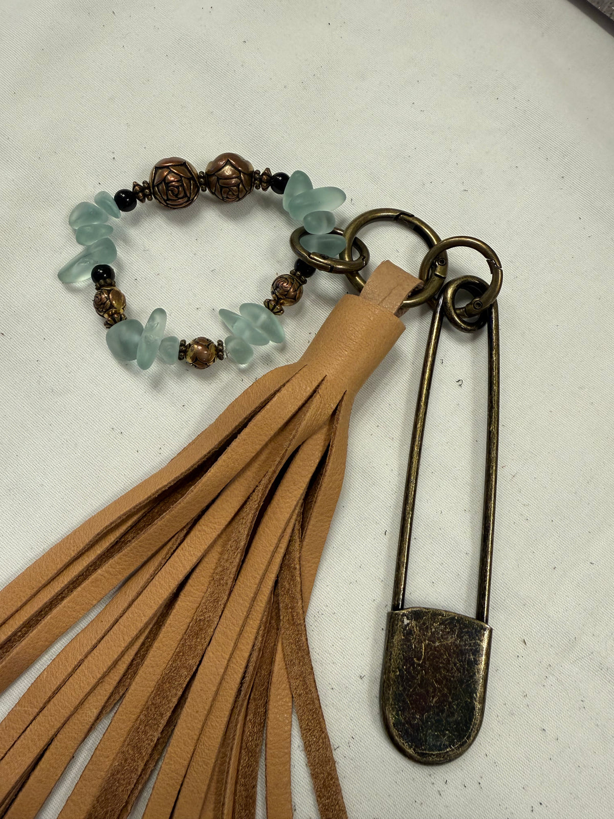 Bag Charm Cluster with Sandstone Pebbled Leather Tassel, XL Safety Pin, and Beaded Bracelet