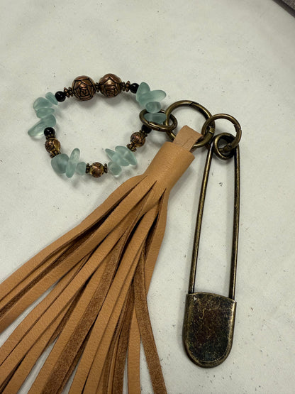Bag Charm Cluster with Sandstone Pebbled Leather Tassel, XL Safety Pin, and Beaded Bracelet
