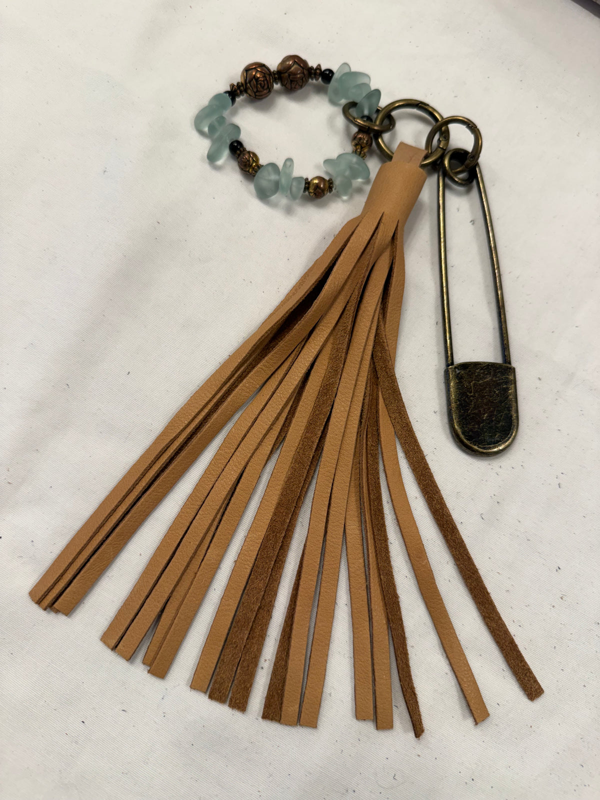 Bag Charm Cluster with Sandstone Pebbled Leather Tassel, XL Safety Pin, and Beaded Bracelet