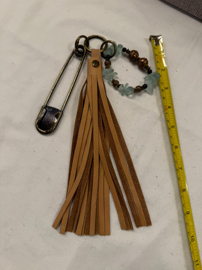 Bag Charm Cluster with Sandstone Pebbled Leather Tassel, XL Safety Pin, and Beaded Bracelet