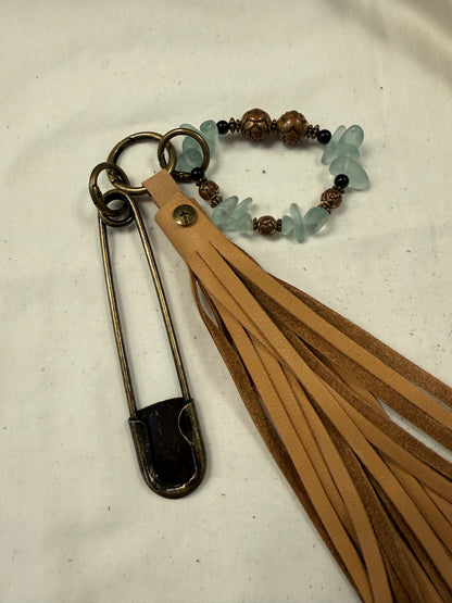 Bag Charm Cluster with Sandstone Pebbled Leather Tassel, XL Safety Pin, and Beaded Bracelet