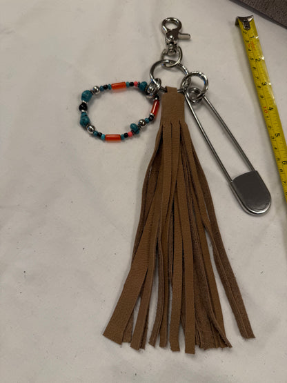 Bag Charm Cluster with Pebbled Leather Sandstone Tassel, Beaded Bracelet, and XL Safety Pin