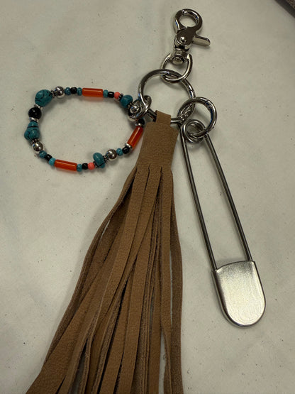 Bag Charm Cluster with Pebbled Leather Sandstone Tassel, Beaded Bracelet, and XL Safety Pin