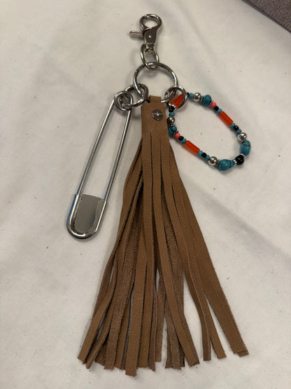 Bag Charm Cluster with Pebbled Leather Sandstone Tassel, Beaded Bracelet, and XL Safety Pin