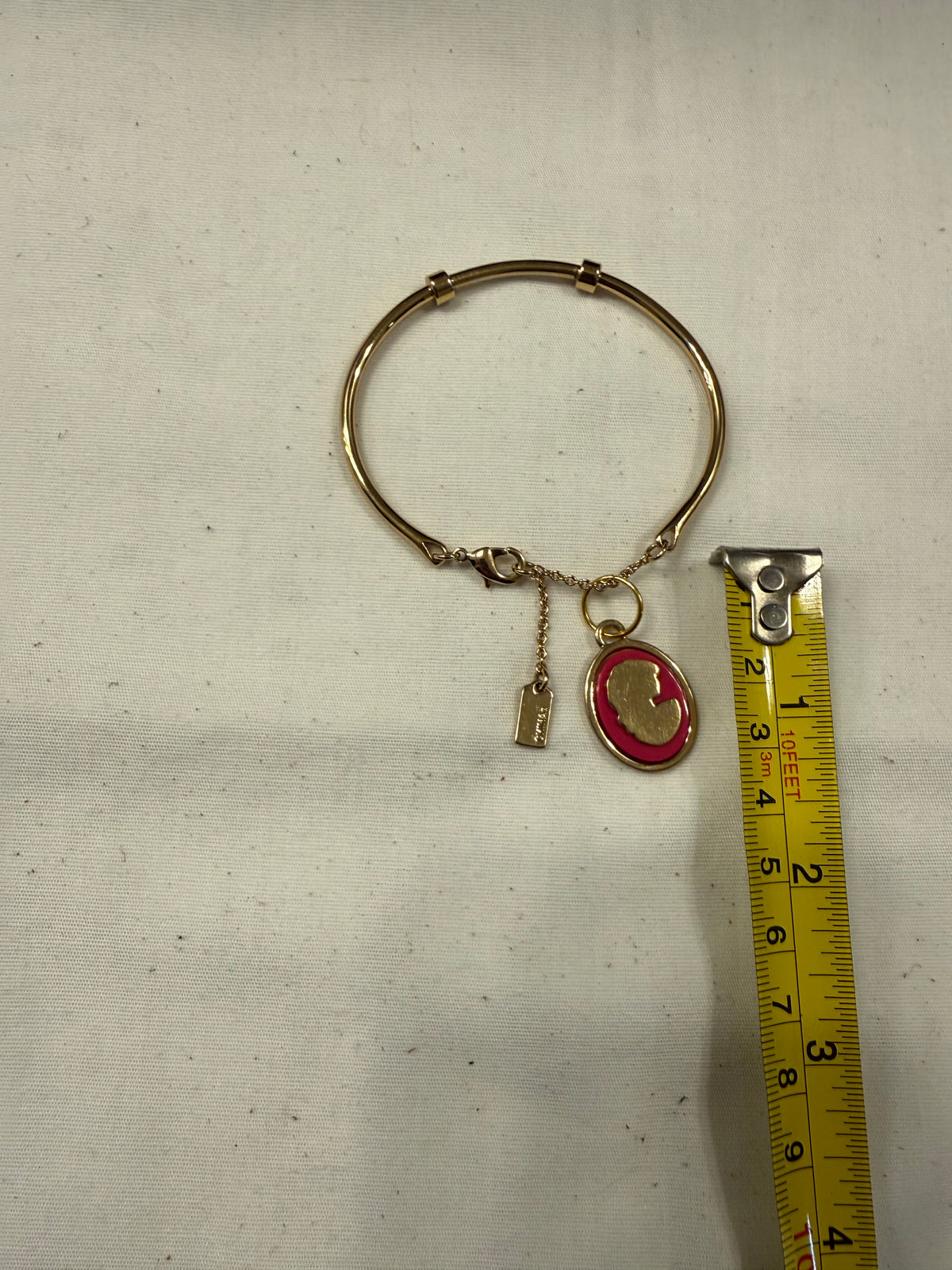 Repurposed Coach Gold Tone Charm Bracelet with Coach Pink and Gold Tone Cameo Charm
