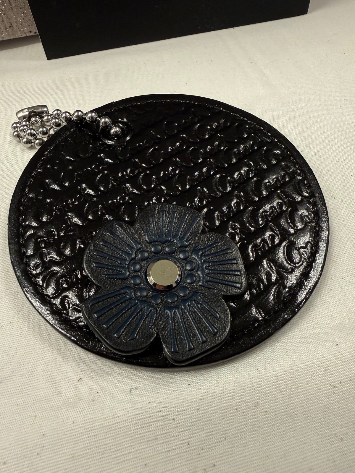 Repurposed and Painted 1990s Coach Coaster with Coach Tea Rose Rivet Bag Charm