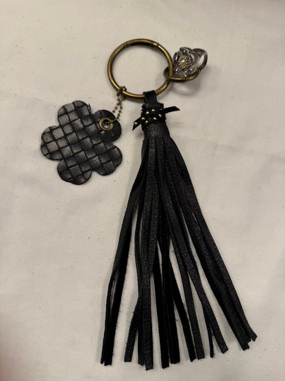Repurposed Bottega Venetta Wallet Piece, Coach Tea Rose Ring, and Handmade Pebbled Leather Tassel