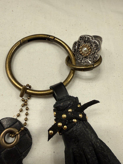 Repurposed Bottega Venetta Wallet Piece, Coach Tea Rose Ring, and Handmade Pebbled Leather Tassel