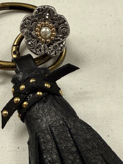 Repurposed Bottega Venetta Wallet Piece, Coach Tea Rose Ring, and Handmade Pebbled Leather Tassel
