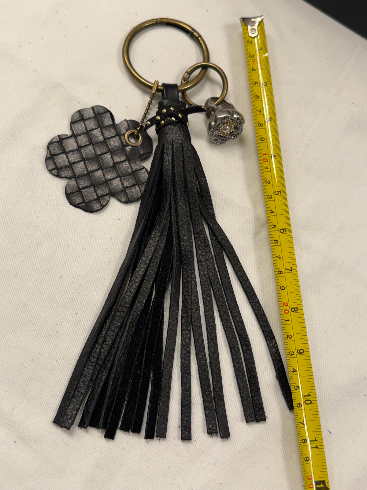 Repurposed Bottega Venetta Wallet Piece, Coach Tea Rose Ring, and Handmade Pebbled Leather Tassel