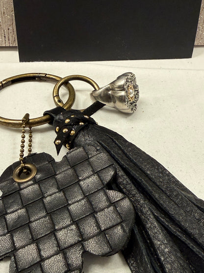 Repurposed Bottega Venetta Wallet Piece, Coach Tea Rose Ring, and Handmade Pebbled Leather Tassel