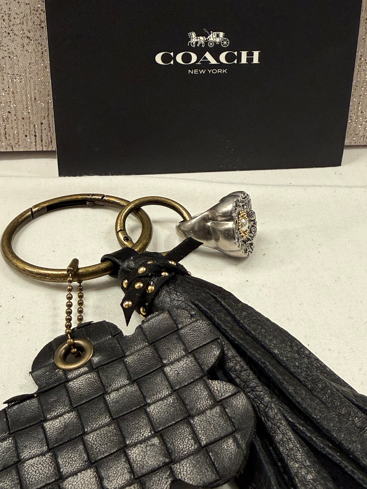 Repurposed Bottega Venetta Wallet Piece, Coach Tea Rose Ring, and Handmade Pebbled Leather Tassel