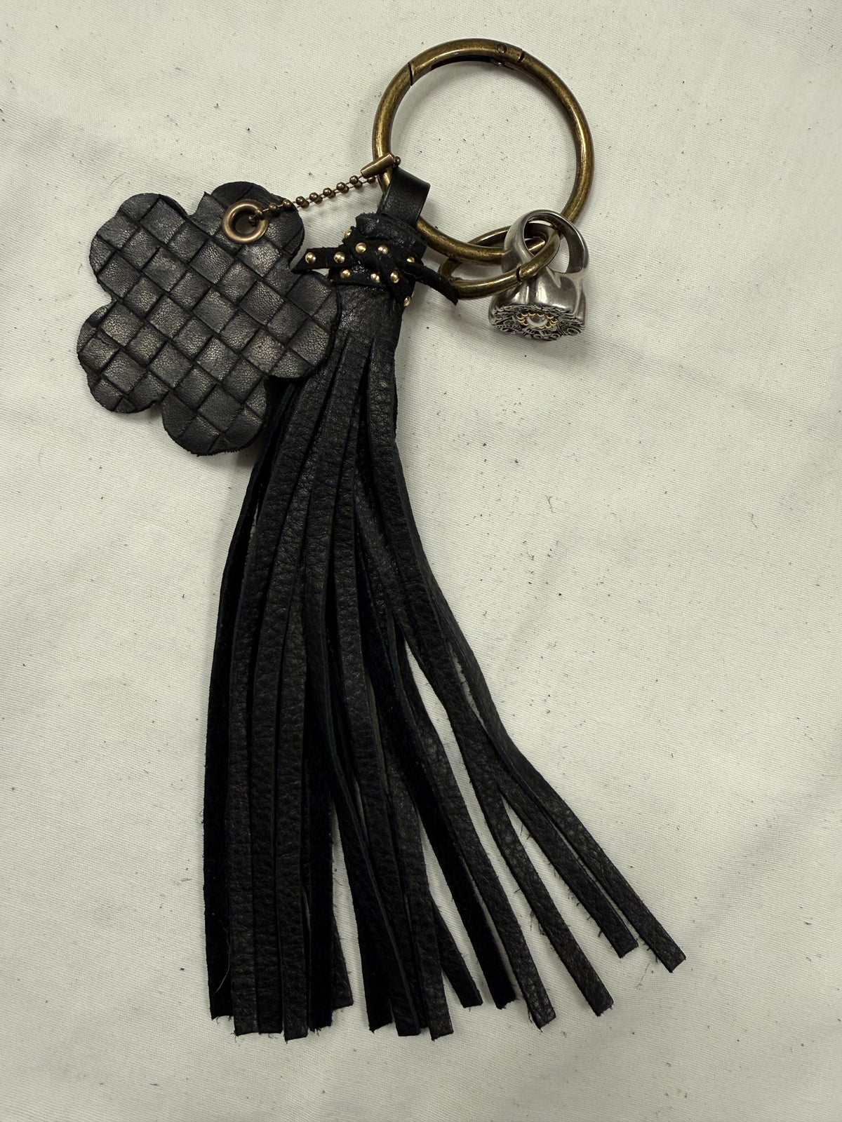 Repurposed Bottega Venetta Wallet Piece, Coach Tea Rose Ring, and Handmade Pebbled Leather Tassel