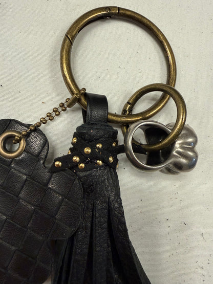 Repurposed Bottega Venetta Wallet Piece, Coach Tea Rose Ring, and Handmade Pebbled Leather Tassel