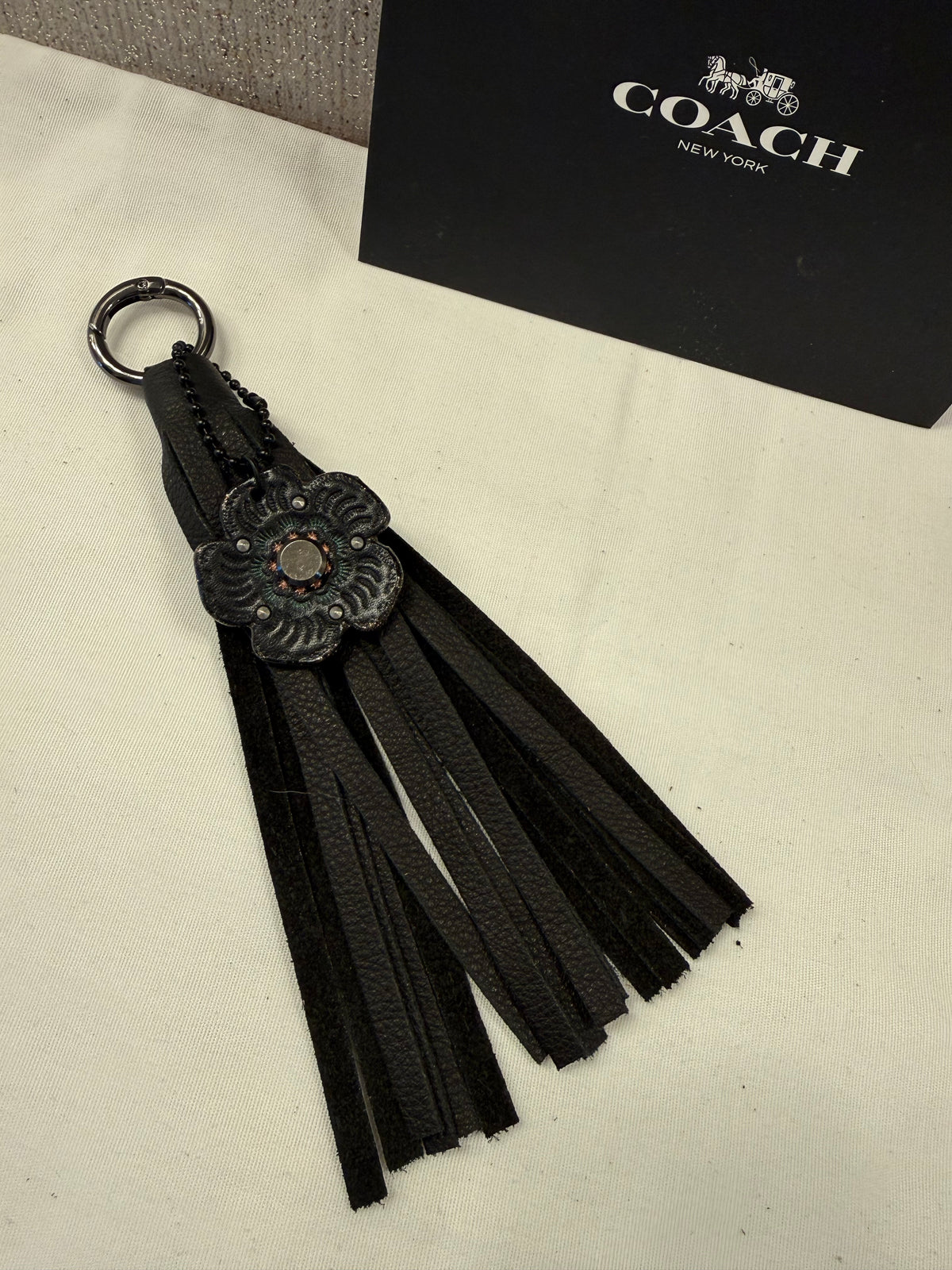 Ships 10.13.16 Repurposed Coach Tea Rose and Handmade Pebbled Leather Tassel Gunmetal Hardware