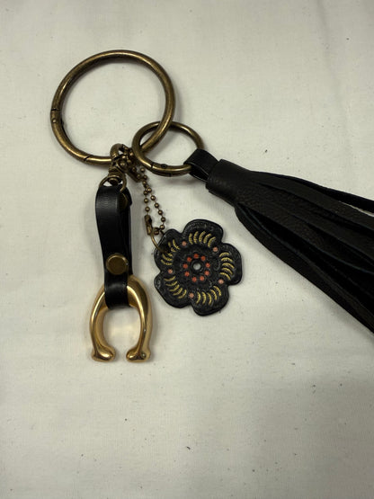 Ships 10.13.26 Bag Charm Cluster with a Repurposed Coach C from Tic Tac Toe Board, Coach Tea Rose, and Handmade Leather Tassel Bag Charm Cluster