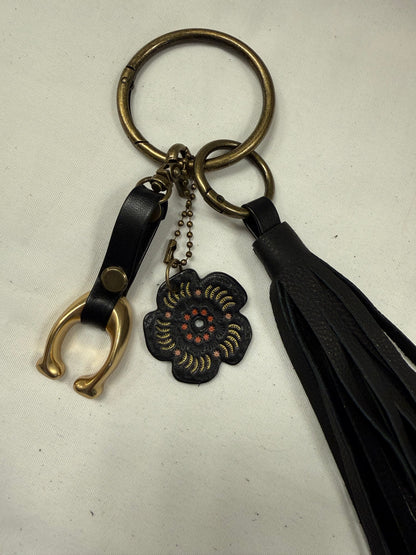 Ships 10.13.26 Bag Charm Cluster with a Repurposed Coach C from Tic Tac Toe Board, Coach Tea Rose, and Handmade Leather Tassel Bag Charm Cluster