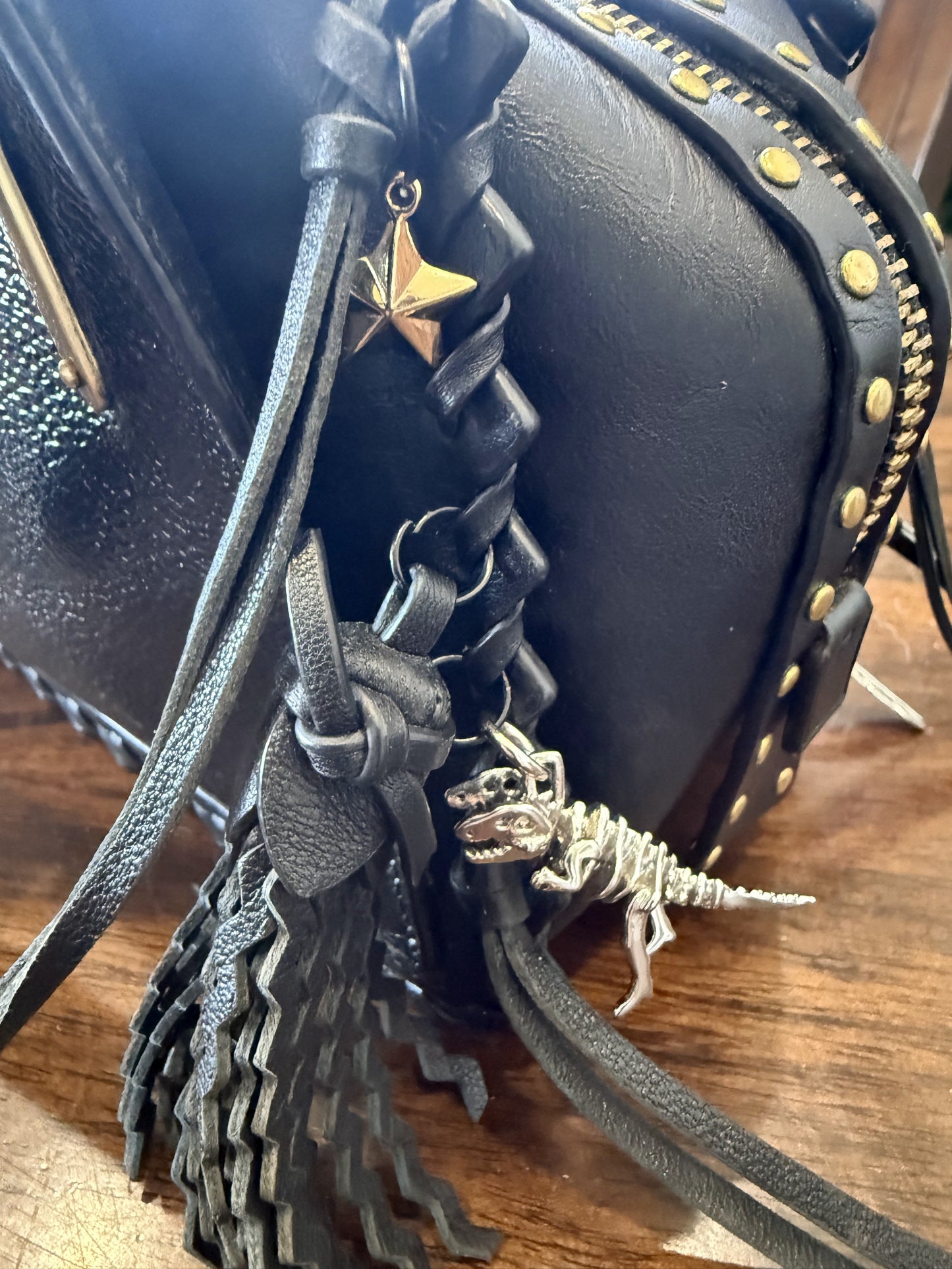 Upcrafted Coach Dreamer Satchel – Black Leather with Whipstitch, Leather Tassels & Charms