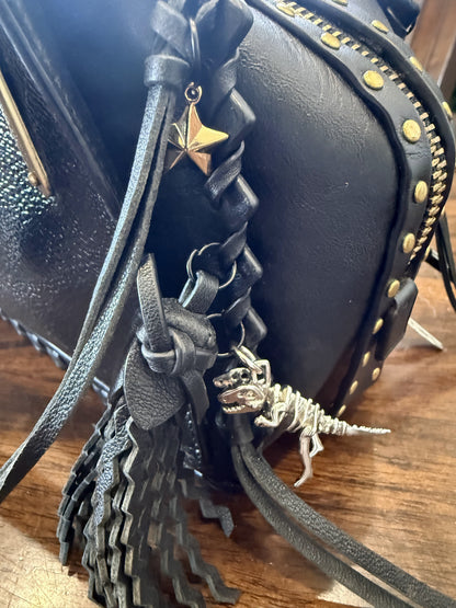 Upcrafted Coach Dreamer Satchel – Black Leather with Whipstitch, Leather Tassels & Charms