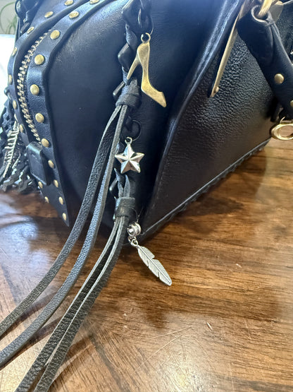 Upcrafted Coach Dreamer Satchel – Black Leather with Whipstitch, Leather Tassels & Charms