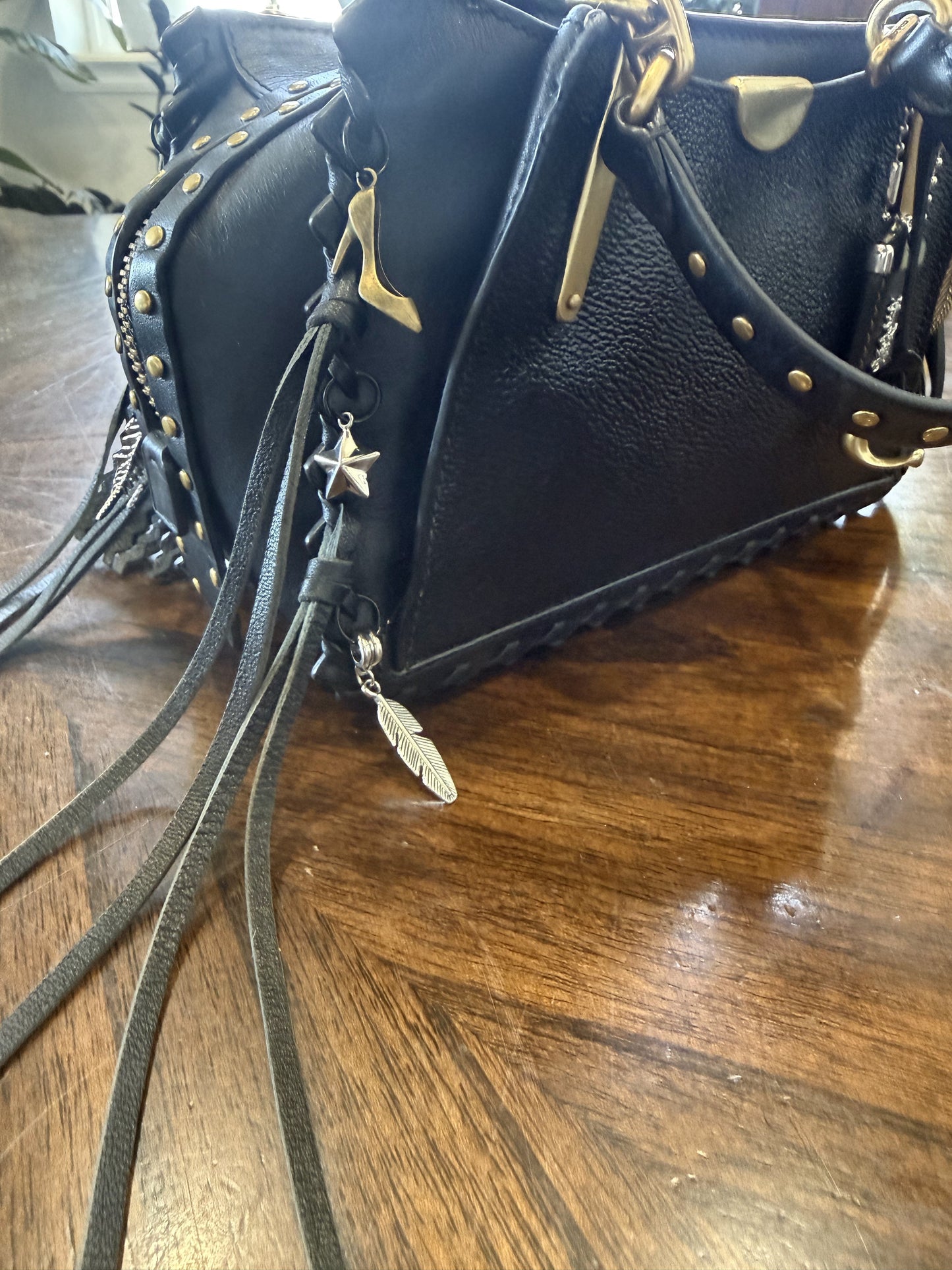 Upcrafted Coach Dreamer Satchel – Black Leather with Whipstitch, Leather Tassels & Charms