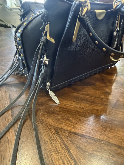 Upcrafted Coach Dreamer Satchel – Black Leather with Whipstitch, Leather Tassels & Charms