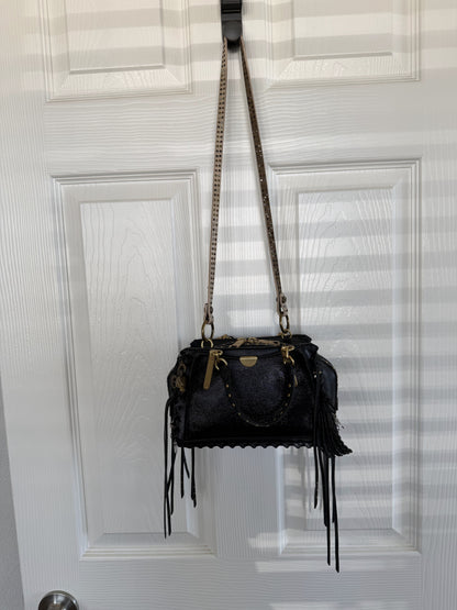Upcrafted Coach Dreamer Satchel – Black Leather with Whipstitch, Leather Tassels & Charms