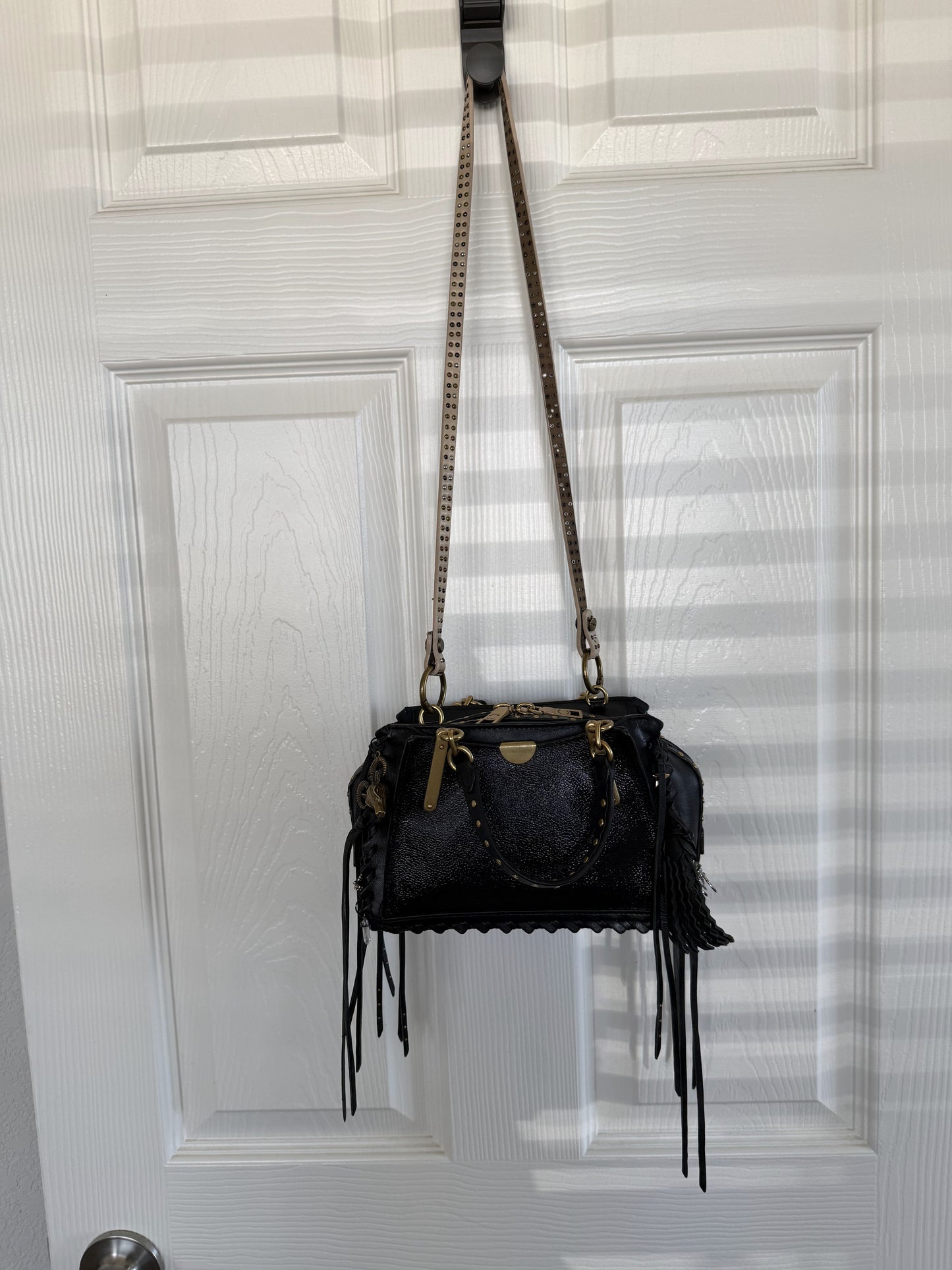 Upcrafted Coach Dreamer Satchel – Black Leather with Whipstitch, Leather Tassels & Charms
