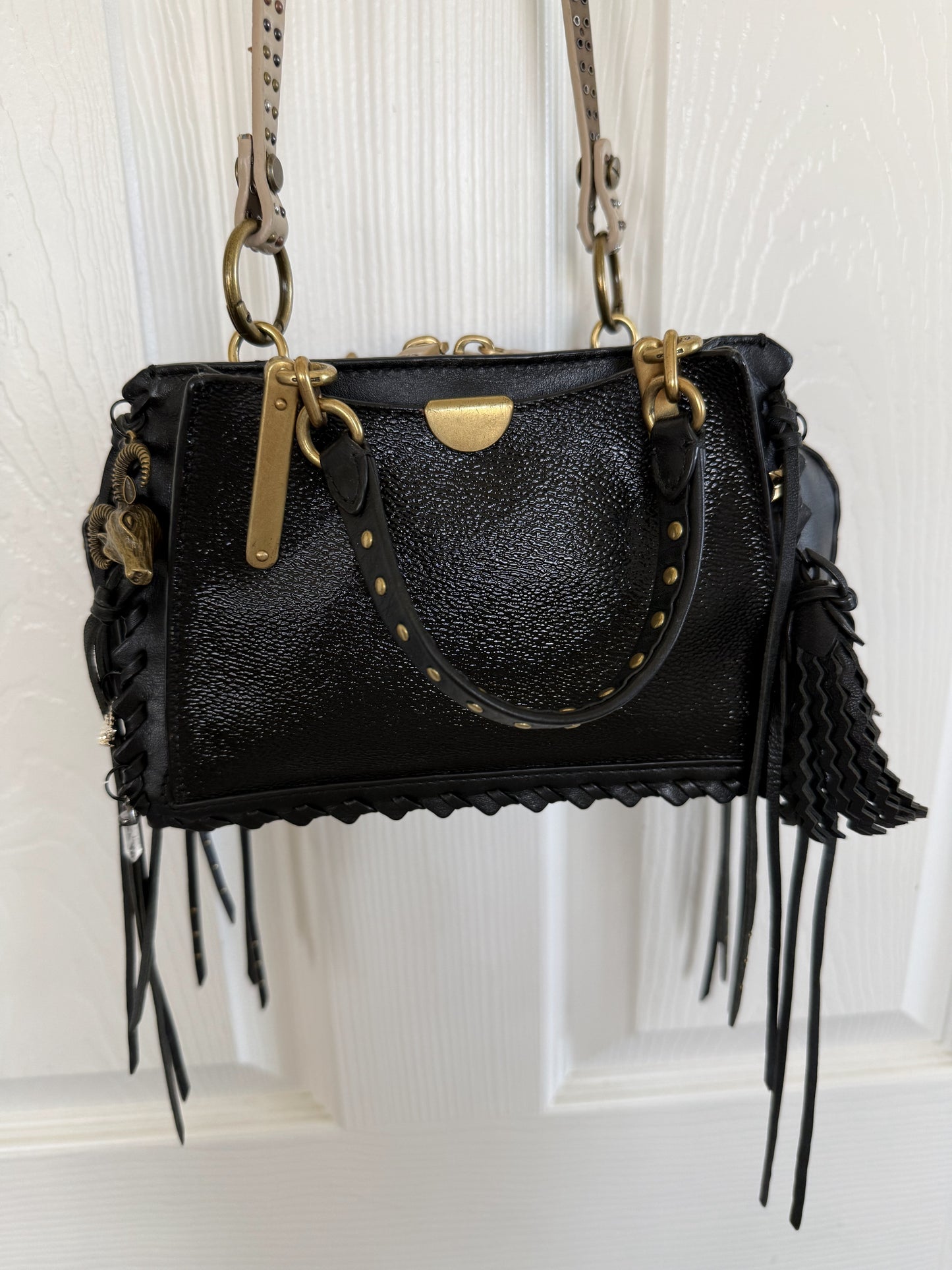 Upcrafted Coach Dreamer Satchel – Black Leather with Whipstitch, Leather Tassels & Charms