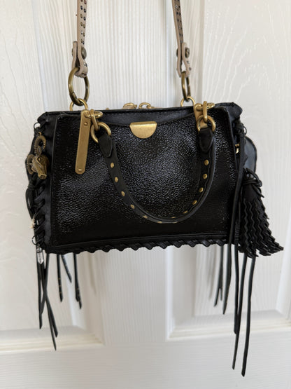 Upcrafted Coach Dreamer Satchel – Black Leather with Whipstitch, Leather Tassels & Charms