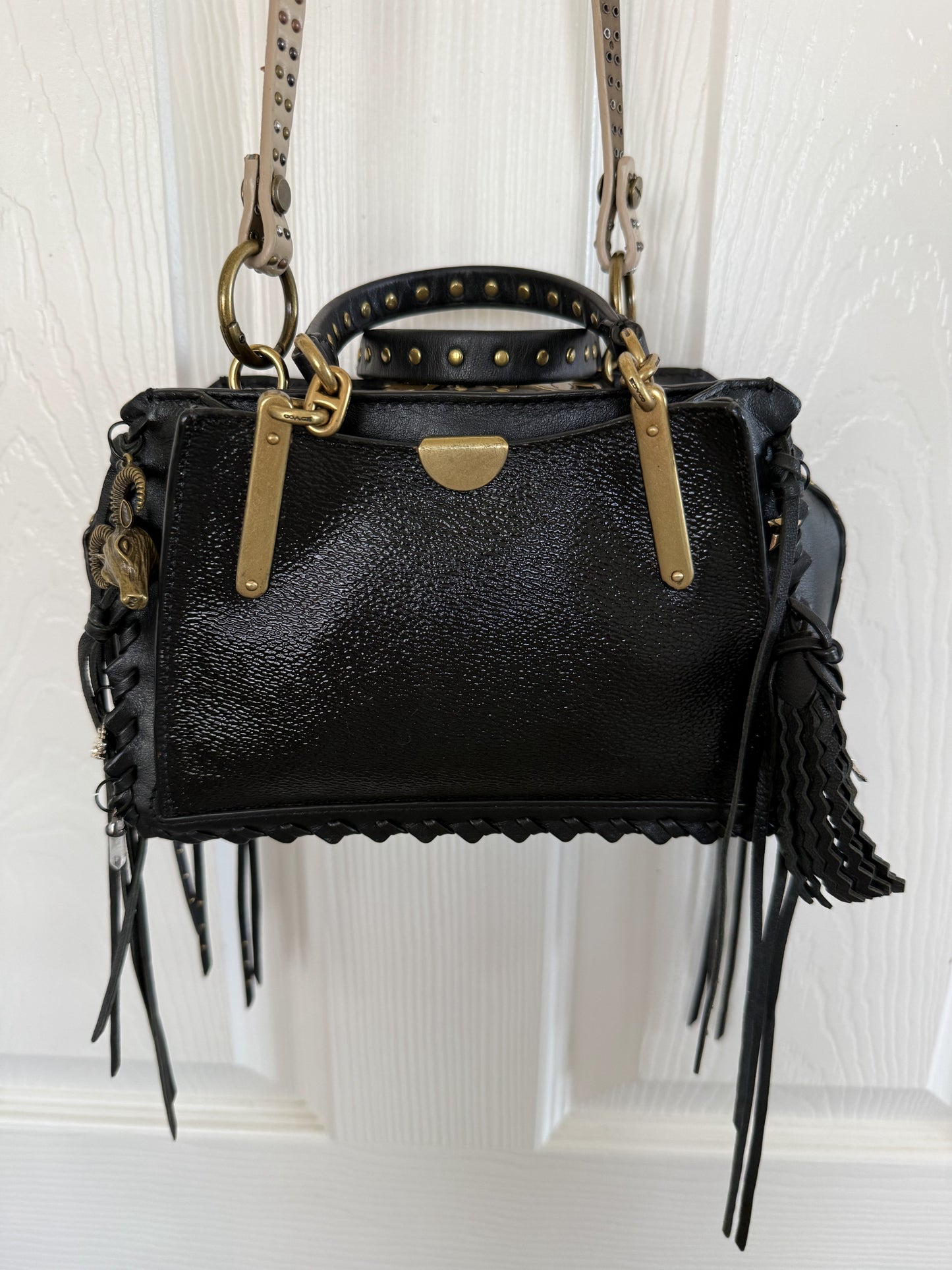 Upcrafted Coach Dreamer Satchel – Black Leather with Whipstitch, Leather Tassels & Charms